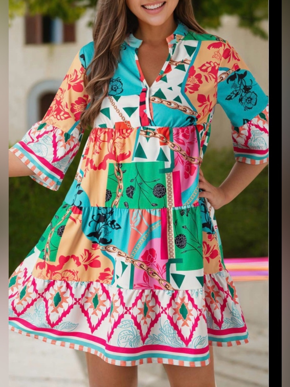 SHEIN Abstract print half  sleeve tiered mini dress Multicolor Patchwork Boho